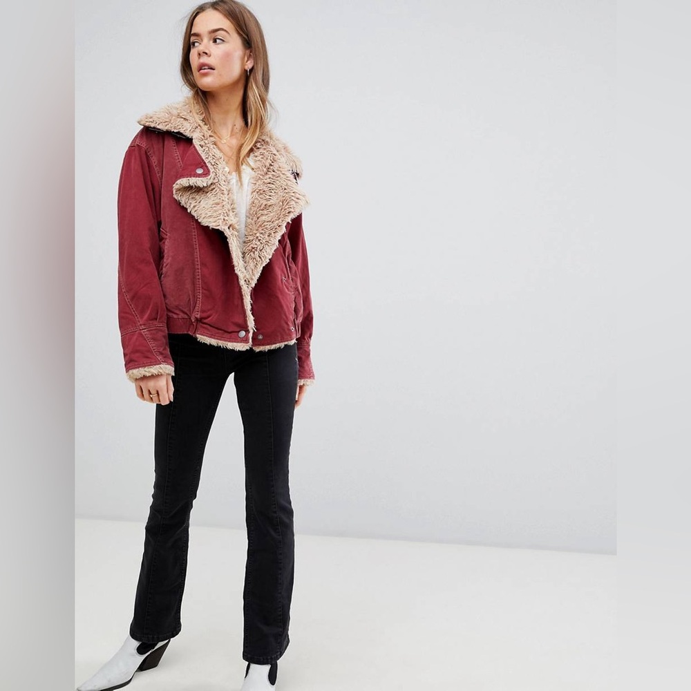 Free People Owen Wine Red Oversized Sherpa Jacket
